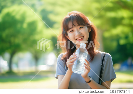 A woman drinking water to prevent heat stroke A woman drinking water to prevent heat stroke 105797544