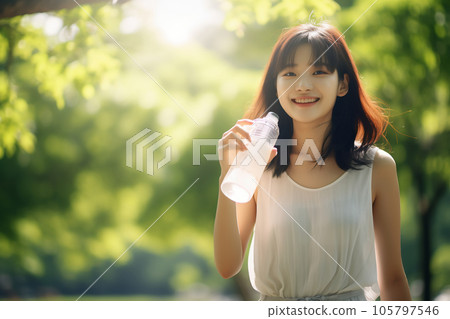 A woman drinking water to prevent heat stroke A woman drinking water to prevent heat stroke 105797546