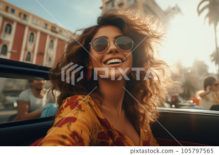 Portrait of young woman travel with her friends. Car trip. Generative AI. 105797565