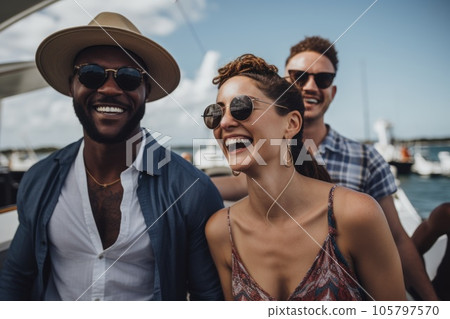 Happy diverse friends taking selfie on smartphone on the beach, generative ai. 105797570