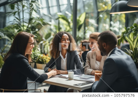 Business meeting with diverse team brainstorming ideas, generative ai. Business meeting with diverse team brainstorming ideas, generative ai. 105797576