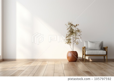 Minimalist living room interior with wooden floor, decor on a large wall. Generative AI. Minimalist living room interior with wooden floor, decor on a large wall. Generative AI. 105797592