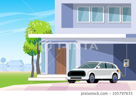 Electric car on home charging station. Installation of charging stations in houses. Direction for using clean energy. vector illustration 105797635
