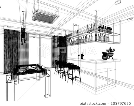 pool table with counter bar in relax room, 3d rendering wire frame pool table with counter bar in relax room, 3d rendering wire frame 105797650