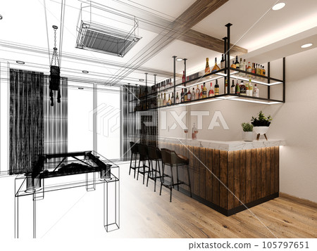 pool table with counter bar in relax room, 3d rendering wire frame 105797651