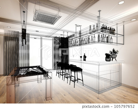 pool table with counter bar in relax room, 3d rendering wire frame 105797652