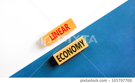 Linear economy symbol. Concept words Linear economy on beautiful wooden block. Beautiful white and blue background. Business linear economy concept. Copy space. 105797708