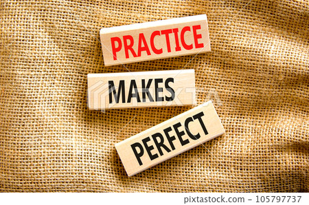 Practice makes perfect symbol. Concept words Practice makes perfect on wooden block. Beautiful canvas table canvas background. Business practice makes perfect concept. Copy space. 105797737
