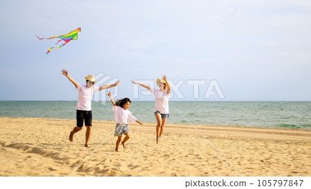Family travel on beach, Family with car road trip at sea on summer 105797847