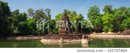 Jayatataka monument, a historic Hindu royal temple with added Buddhist symbols, located on an island in the center of baray, mirroring the sacred Himalayan lake Anavatapta. Jayatataka monument, a historic Hindu royal temple with added Buddhist symbols, located on an island in the center of baray, mirroring the sacred Himalayan lake Anavatapta. 105797869