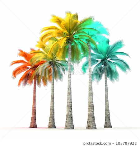 Colorful rainbow palm trees on white background, bright tropical exotic illustration Colorful rainbow palm trees on white background, bright tropical exotic illustration 105797928