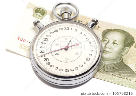 Stopwatch with chinese yuan. Time is money concept. Stopwatch with chinese yuan. Time is money concept. 105798216