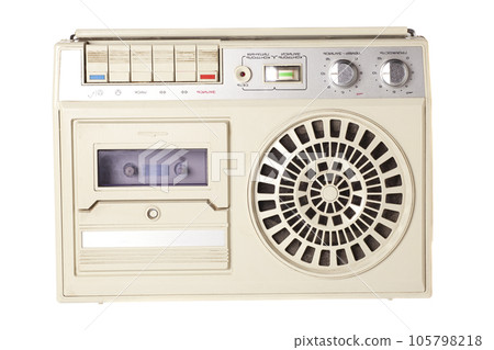 Retro portable stereo cassette tape recorder from 80s. English translation Retro portable stereo cassette tape recorder from 80s. English translation 105798218