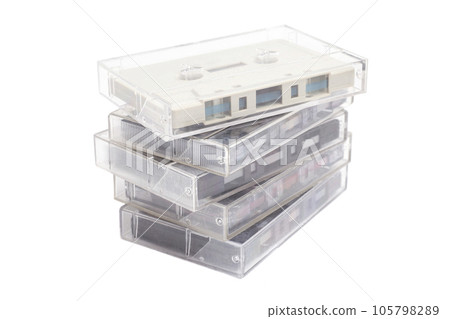 Stack of vintage audio cassettes isolated on white. 105798289