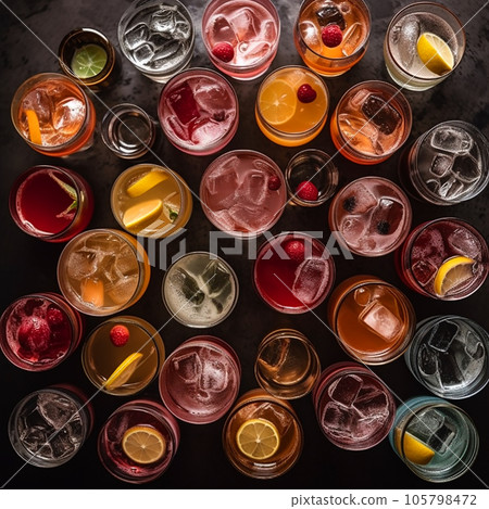 Many glasses and glasses with multicolored appetizing fruit smoothies and juices on black, top view photo flatlay, drink background for advertising and bar design 105798472