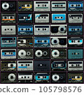Collage of various vintage audio cassettes tapes 105798576