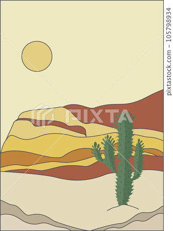 Aesthetic desert landscape with cactus bush illustration. Boho wall decor. 105798934