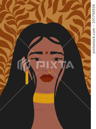 Aesthetic illustration of young hindu woman with leaves Aesthetic illustration of young hindu woman with leaves 105798936