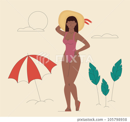 Young woman standing on beach and enjoying summer vector illustration. 105798938
