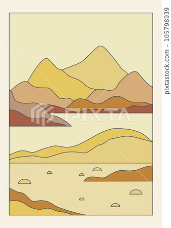 Beige landscape with lake and mountains printable art. Beige landscape with lake and mountains printable art. 105798939