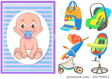 Multinational children, kids playing, baby care objects, newborn items supplies, set of icons Multinational children, kids playing, baby care objects, newborn items supplies, set of icons 105799025