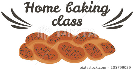 Home baking class design elements with desserts, cakes. Culinary masterclass emblem with pies Home baking class design elements with desserts, cakes. Culinary masterclass emblem with pies 105799029
