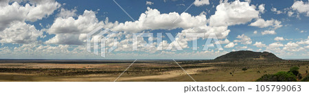 Wide panorama banner of Tsavo East national park, dramatic clouds over small hill in distance Wide panorama banner of Tsavo East national park, dramatic clouds over small hill in distance 105799063