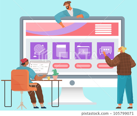 Business people group, team of web designers characters working with webpage and interfaces Business people group, team of web designers characters working with webpage and interfaces 105799071