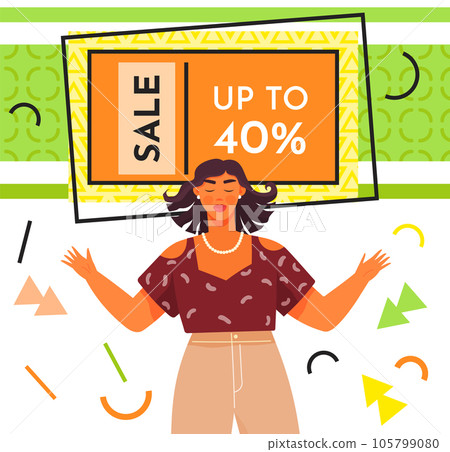Big sale and discounts banner. Reduction offer poster with happy woman. New arrival, special offer Big sale and discounts banner. Reduction offer poster with happy woman. New arrival, special offer 105799080