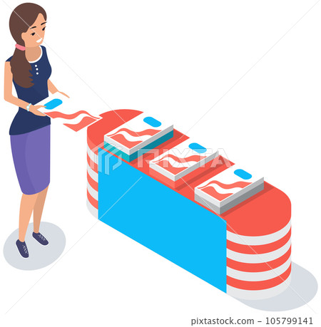 Female promoter is sharing product catalogs with advertisement, books near presentation stand 105799141