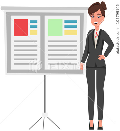 Woman office worker stands near presentation board with information presents financial statement Woman office worker stands near presentation board with information presents financial statement 105799146