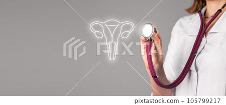 Gynecology check-up concept. Banner with female reproductive system organ checkup, uterus, womb, ovary test 105799217