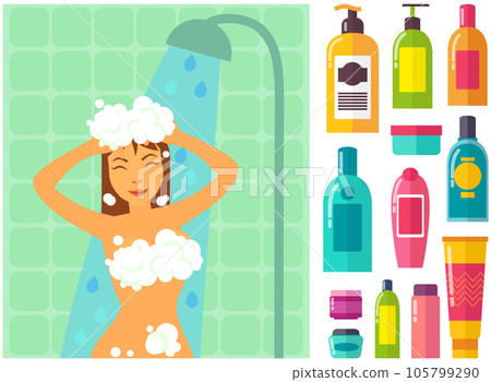 Woman showering near hygienic bath products. Set of bodycare toiletries next to bathing girl 105799290