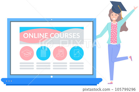 Online educational program, studying via Internet. Woman graduates after internet courses 105799296