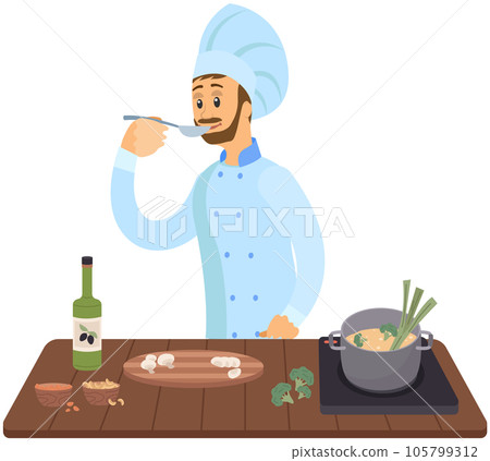 Professional chef stands with spoon and soup pot on stove. Man preparing dish, tasting meal 105799312