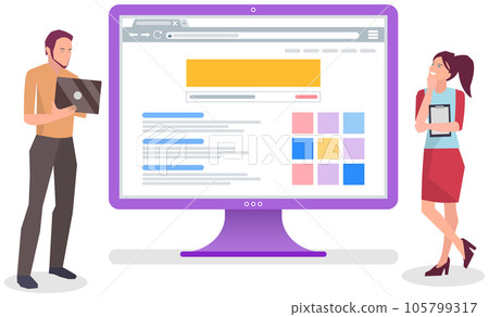 People working on interface, new design of website near pc monitor. Programming, coding concept People working on interface, new design of website near pc monitor. Programming, coding concept 105799317