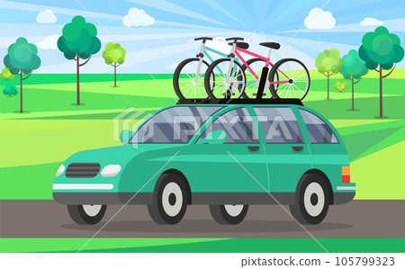 Offroad car with bicycle on roof vector isolated automobile transport. Car tourism concept Offroad car with bicycle on roof vector isolated automobile transport. Car tourism concept 105799323