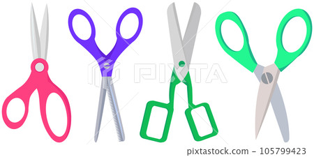 Various shapes scissors set. Tool made of blades and plastic handles. Equipment for creativity 105799423