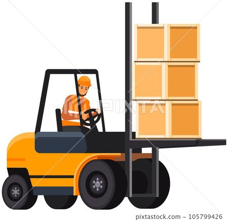 Man works with delivery of goods, transportation in production. Employee drives forklift truck Man works with delivery of goods, transportation in production. Employee drives forklift truck 105799426
