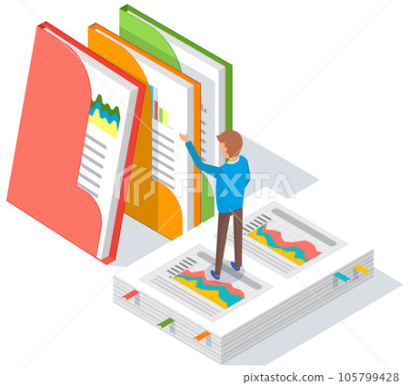Analytic worker with papers, document folders. Man analyzes business reports with statistics 105799428