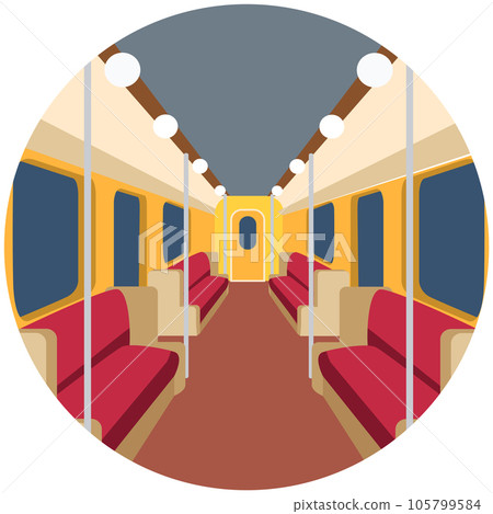 Interior design of subway car, transport for passengers with seats, automatic doors and windows 105799584