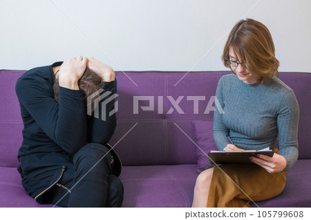 Unhappy person with a psychologist in the office, shares with his problems. Healthcare concept 105799608
