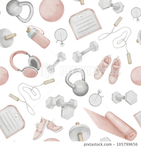 Seamless Pattern of female Fitness exercise equipment. Hand drawn watercolor illustration of gym tools on white isolated background. Drawing of women's sport for workout clothes and textile prints. Seamless Pattern of female Fitness exercise equipment. Hand drawn watercolor illustration of gym tools on white isolated background. Drawing of women's sport for workout clothes and textile prints. 105799656