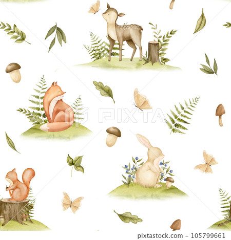 Seamless Pattern with Forest Animals and plants. Hand drawn watercolor illustration of woodland backdrop with deer and fox for childish textile or wrapping paper on isolated background. Baby ornament. 105799661