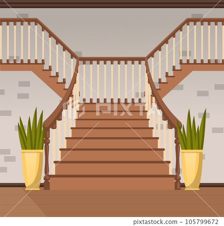 Ladder with steps, balusters and handrails. Stairs, classical stairsace with wooden banisters 105799672