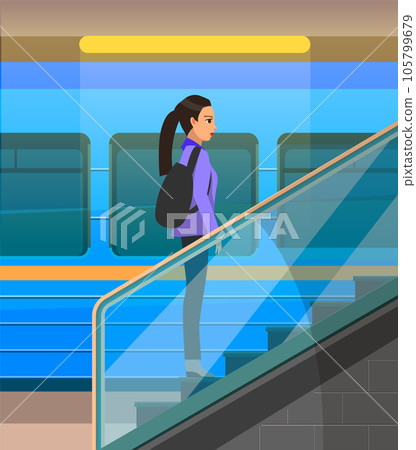 Woman move on automatic escalator in subway. Mobile ladder for transporting passengers in metro Woman move on automatic escalator in subway. Mobile ladder for transporting passengers in metro 105799679