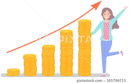 Businesswoman standing near pile of gold coins. Increased income, business profit concept Businesswoman standing near pile of gold coins. Increased income, business profit concept 105799715