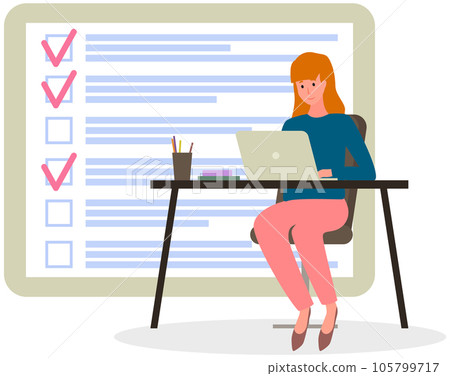 Woman with laptop sitting at workplace on background of big checklist, to do plan, schedule Woman with laptop sitting at workplace on background of big checklist, to do plan, schedule 105799717