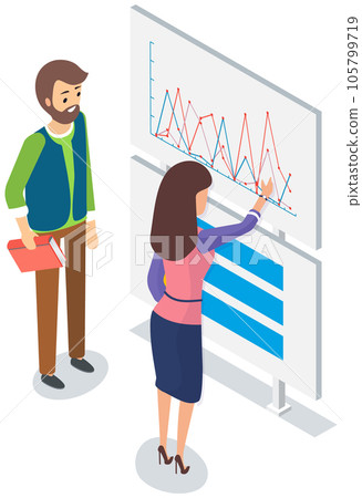 Employees analyze statistical indicators, business data. Characters work with marketing research Employees analyze statistical indicators, business data. Characters work with marketing research 105799719