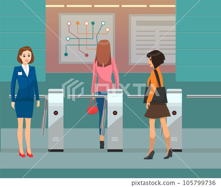 Access control equipment for metro station. People at automatic checkpoint pass subway inspector 105799736